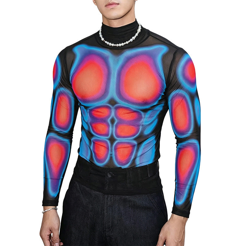 Men's Transparent Mesh Long Sleeve Shirt with 3D Muscle Print Mune Fashion
