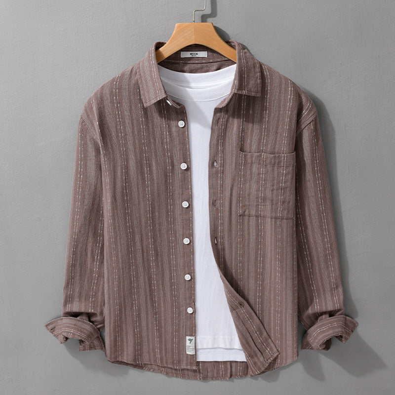 Men's Lightweight Linen-Cotton Shirt in Striped Relief with Kent Collar and Chest Pocket Mune Fashion