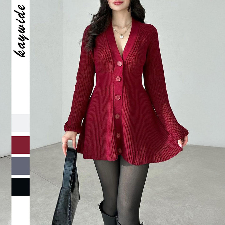 Women's fitted knitted dress with full button placket, V-neck and flared A-line skirt Mune Fashion