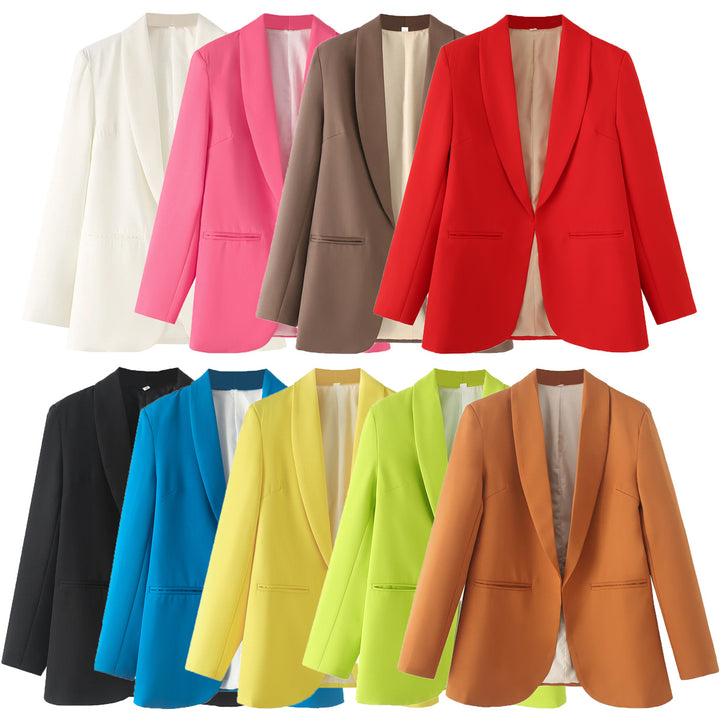 Ladies long blazer with shawl collar, unstructured fall and piped welt pockets Mune Fashion