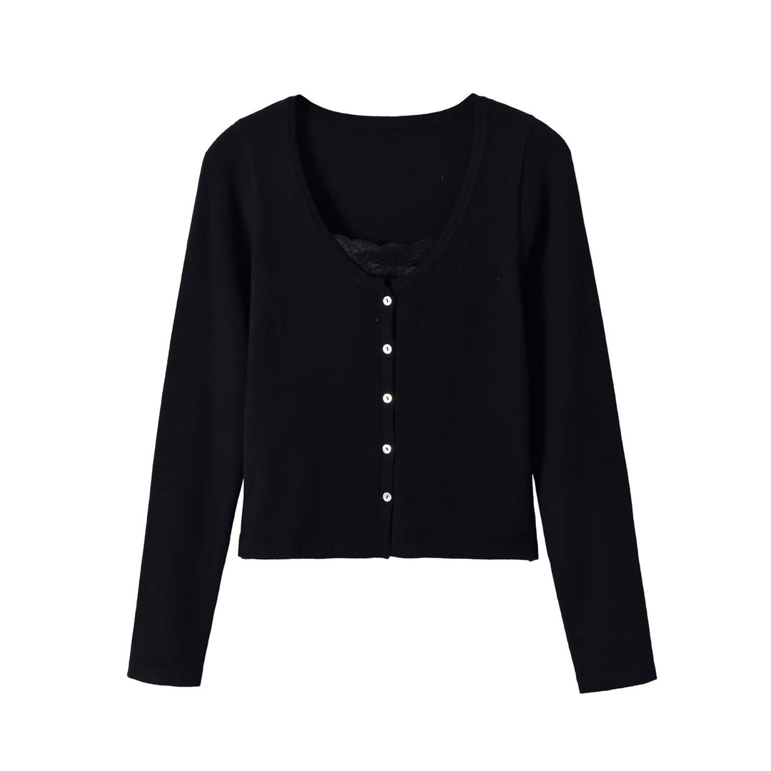 Women's fine-knit cardigan with lace insert and continuous button placket Mune Fashion