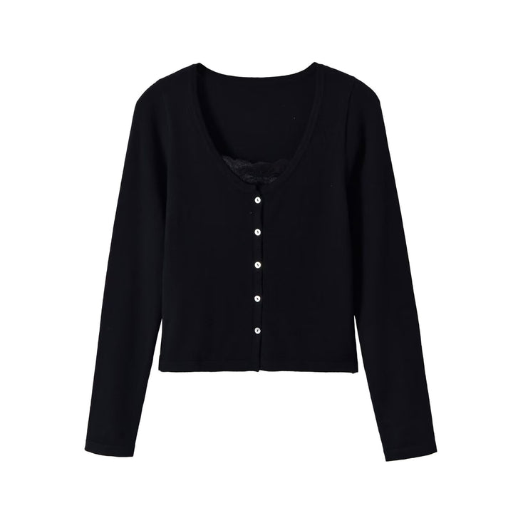 Women's fine-knit cardigan with lace insert and continuous button placket Mune Fashion