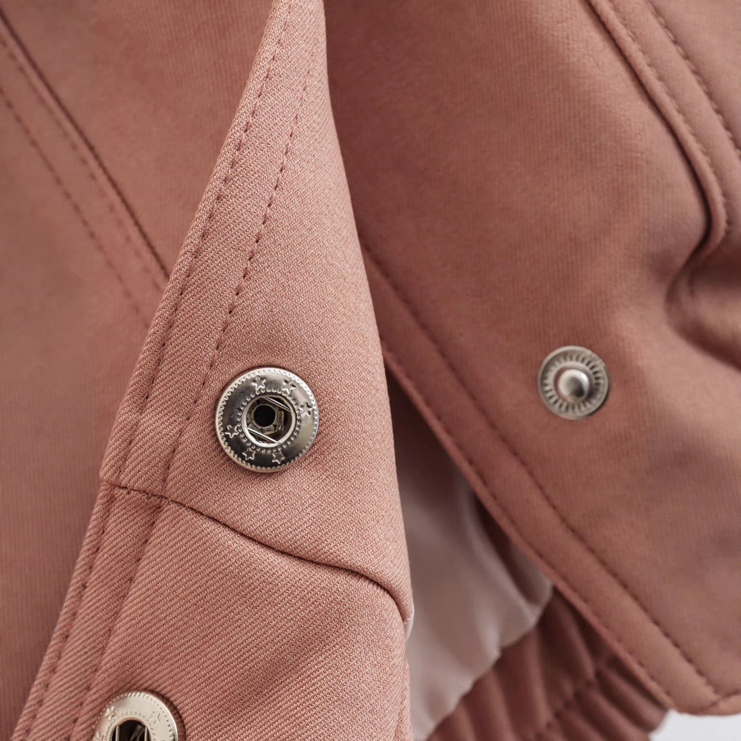 Women Short Utility Jacket with Stand-up Collar, Flap Pockets and Elastic Drawstring Mune Fashion