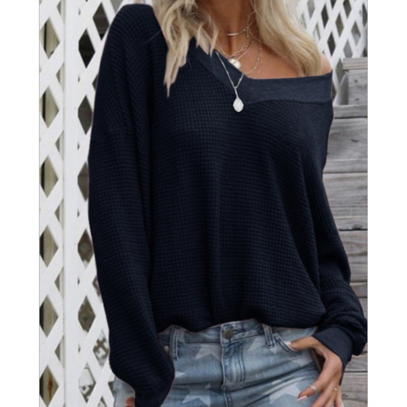 Women Loose Waffle Knit Sweater with Wide Off-Shoulder Neckline and Oversized Cut Mune Fashion
