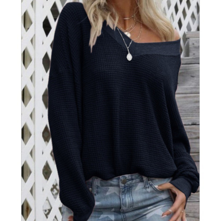 Women Loose Waffle Knit Sweater with Wide Off-Shoulder Neckline and Oversized Cut Mune Fashion