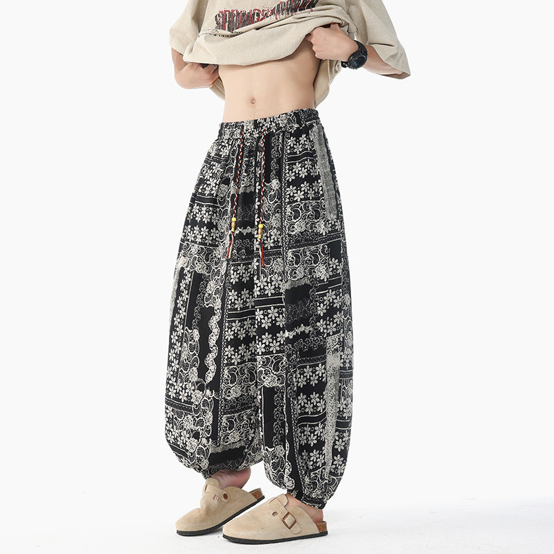 Women's casual pluder pants in ethnic print with elastic waistband, drawstring and smocked cuffs Mune Fashion