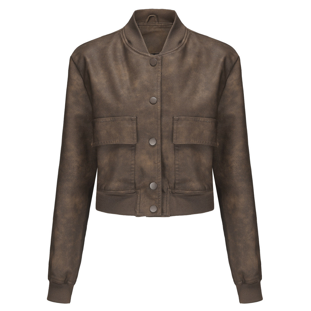 Women's short crop faux leather jacket in blouson style with snap front and flap pockets Mune Fashion
