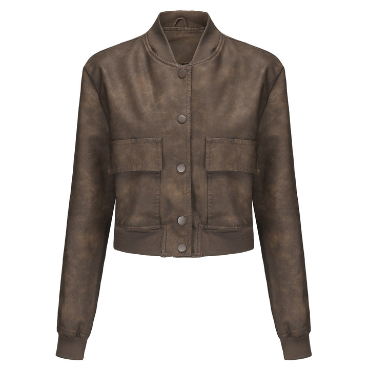 Women's short crop faux leather jacket in blouson style with snap front and flap pockets Mune Fashion