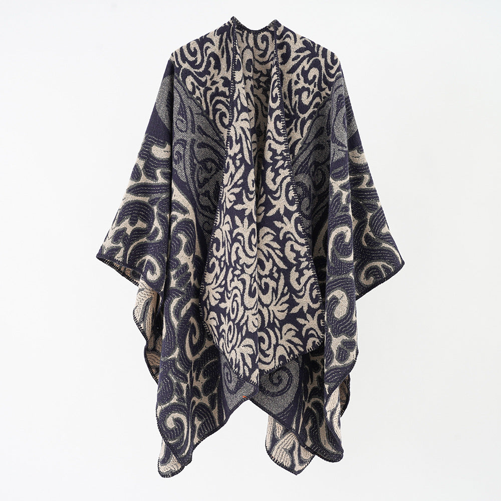 Women's Ornamental Jacquard Cape Poncho with Open Fall and Boxy Silhouette Mune Fashion