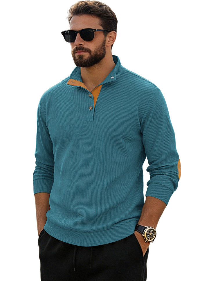 Men's fine ribbed knitted pullover with polo collar button placket and elbow patch Mune Fashion