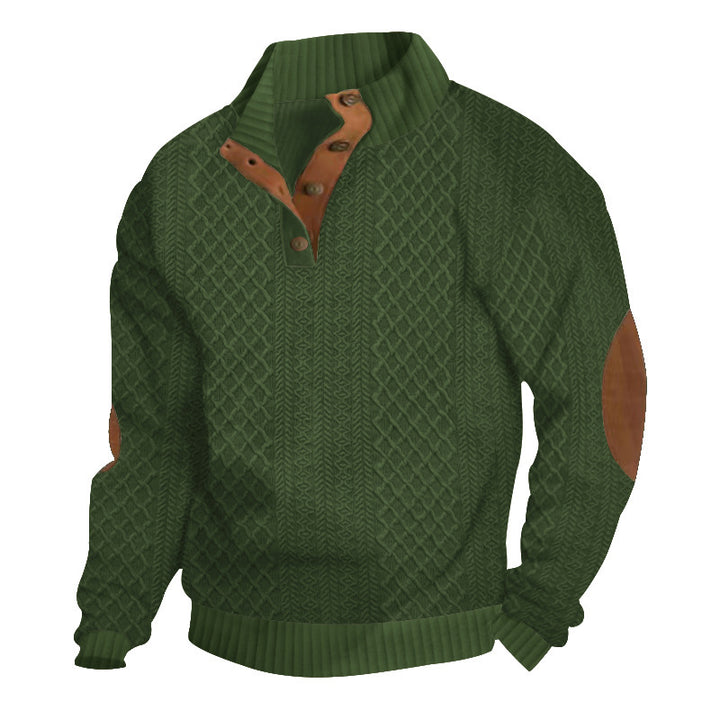 Men's upscale knit sweater with diamond pattern, high ribbed collar, buttoned placket, and leather trim on elbow. Mune Fashion
