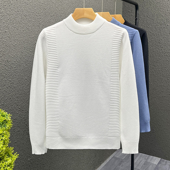 Women's fine knit pullover with structured waffle and ribbed texture and stand-up collar Mune Fashion