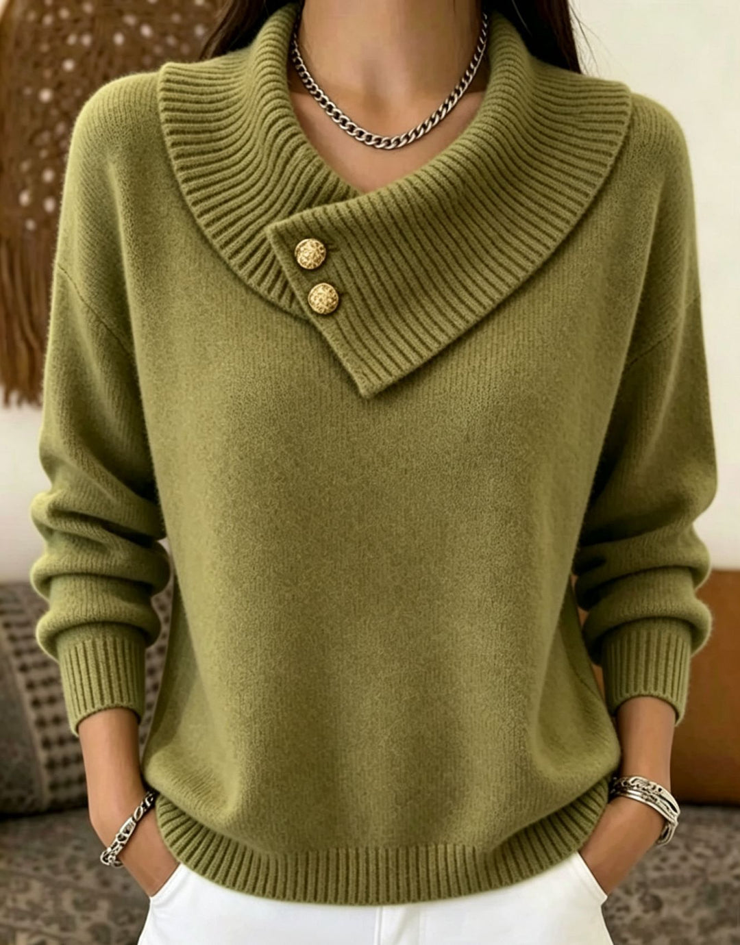 Women's fine knit pullover with overlapping shawl collar and decorative buttons Mune Fashion