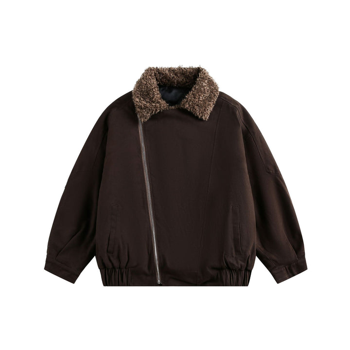 Men's short pilot-style jacket with generous teddy fur collar and elastic waistband.