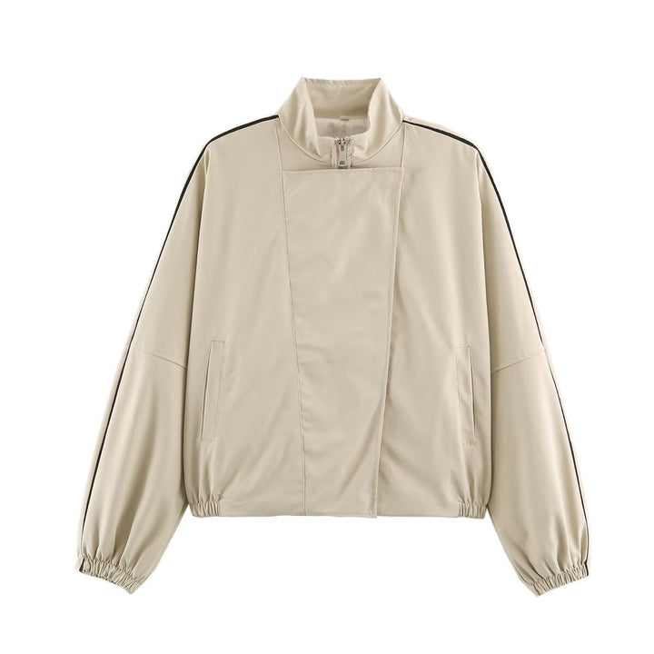 Women's Oversize Bomber Jacket in Blouson Style with High Stand-Up Collar, Concealed Zipper and Contrast Piping Mune Fashion