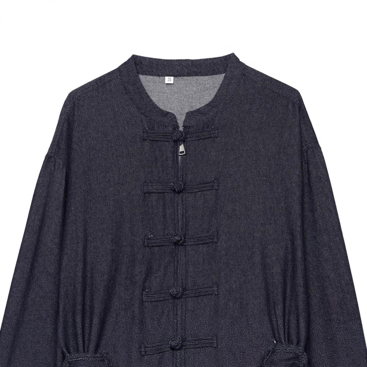 Women's Cropped Jeans Jacket in China Style with Mandarin Collars and Knot Closures Mune Fashion