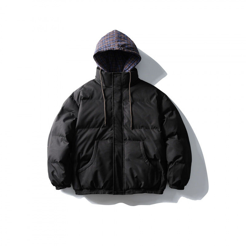 Unisex Padded Puffer Jacket in Boxy Cut with Checkered Insert Hood and High Stand-Up Collar Mune Fashion