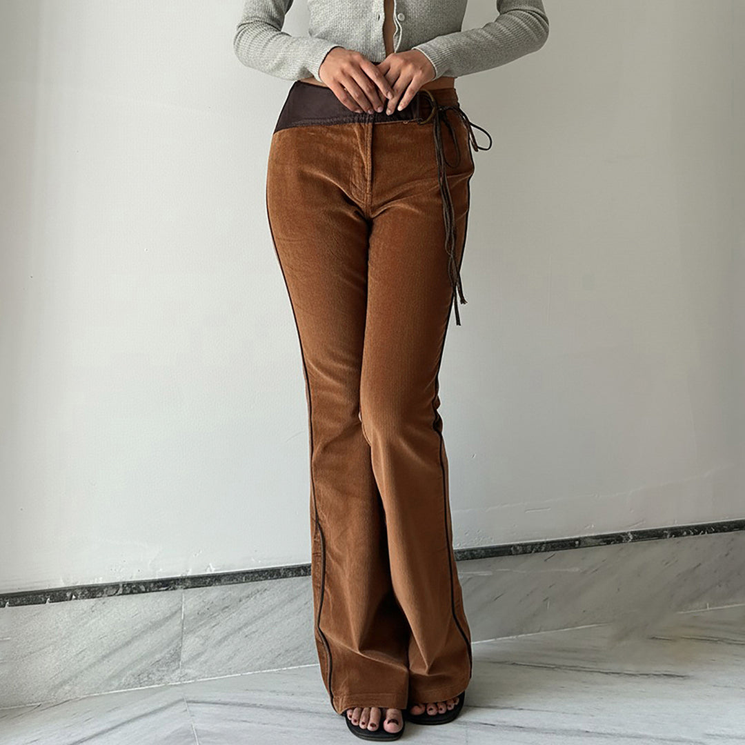 Women's corduroy pants with a high waistband, leather trim, and tie belt Mune Fashion