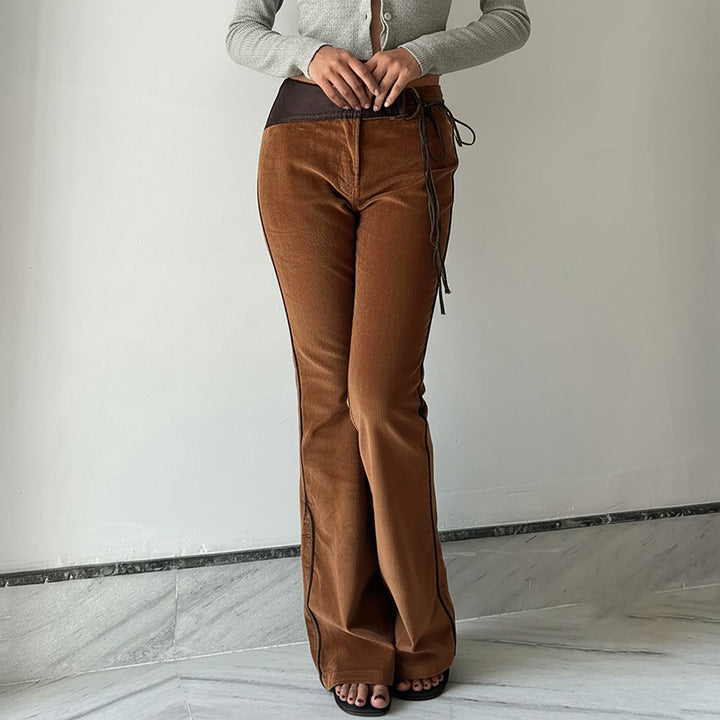 Women's corduroy pants with a high waistband, leather trim, and tie belt Mune Fashion