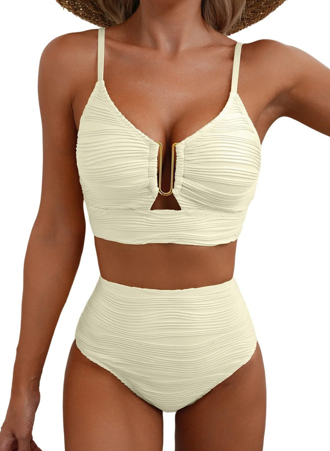 Women's High-Waisted Bikini Set with Fashionable Cut-Out Mune Fashion