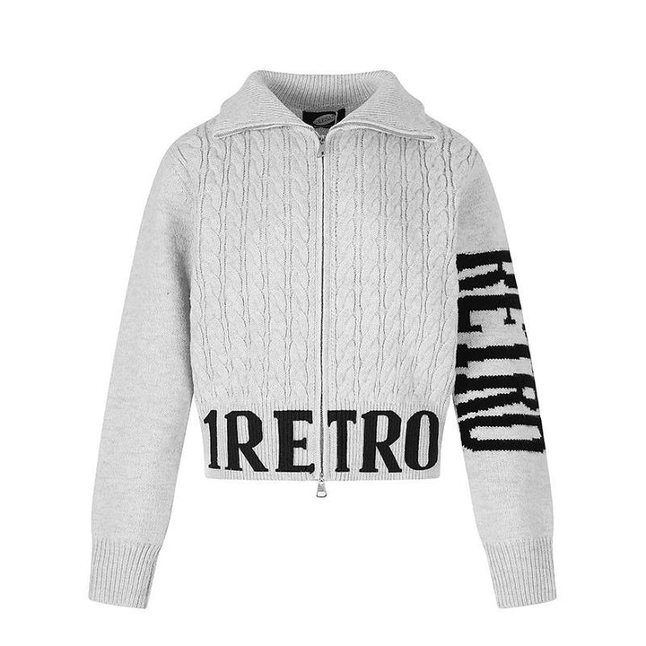 Women's Short Cable Knit Cardigan with Stand-up Collar, Full-Length Zipper and Typo Hem Mune Fashion