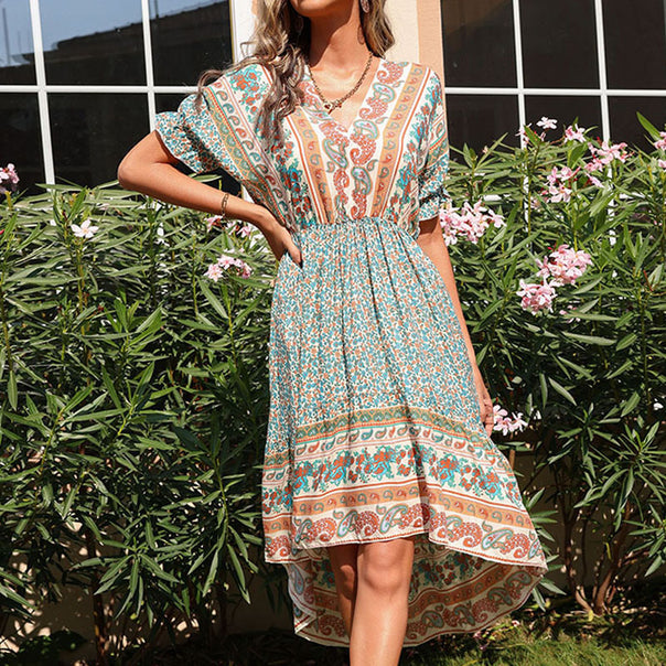 Women's Lightweight Midi Dress with Paisley Print, Elastic Waistband and Asymmetrical Hem Mune Fashion