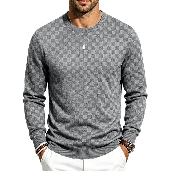 Men's Fine Round Neck Knit Sweater with Discreet Checkered Pattern Mune Fashion