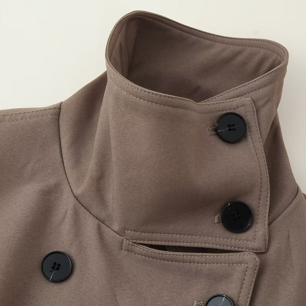 Women Short Double-breasted Trench Coat with Stand-up Collar and Waist Belt Mune Fashion