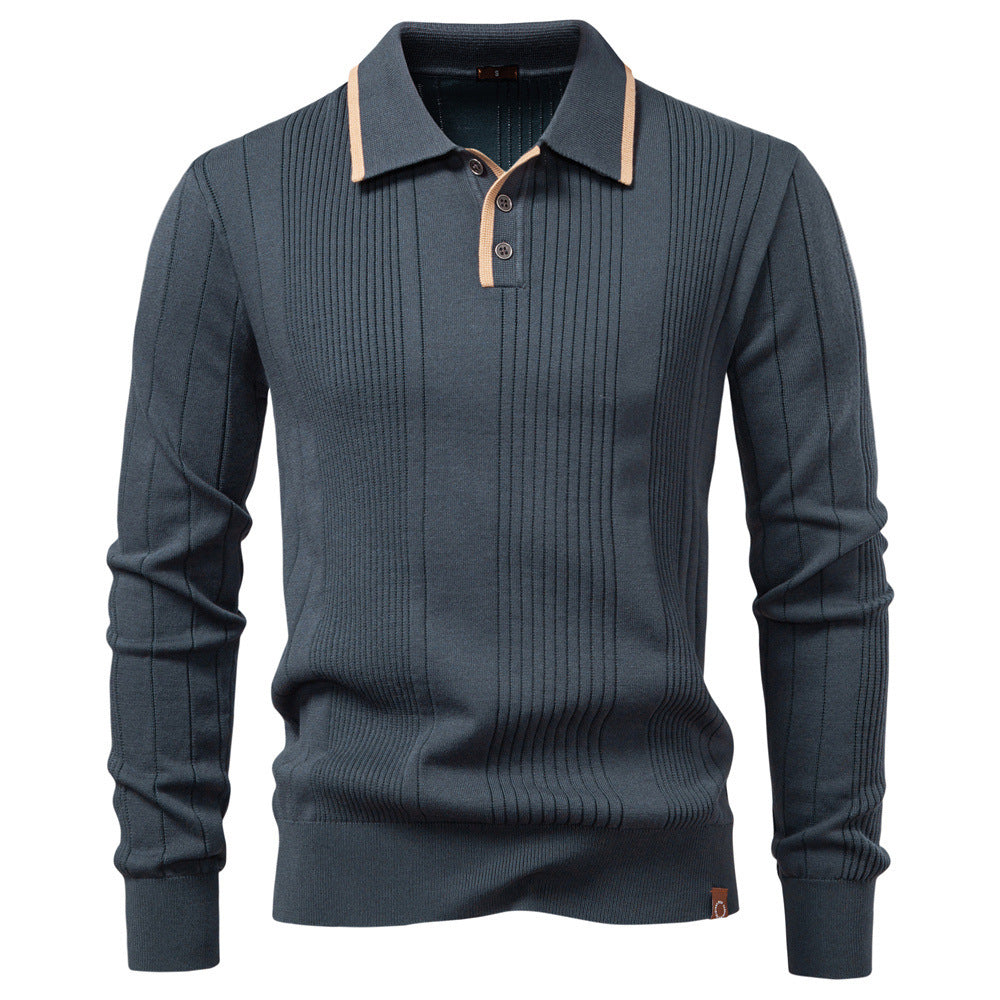 Men's long-sleeved polo sweater made of fine knit with vertical ribbed intarsias and contrast edges Mune Fashion