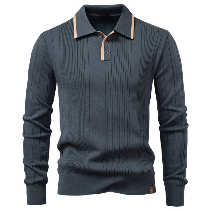 Men's long-sleeved polo sweater made of fine knit with vertical ribbed intarsias and contrast edges Mune Fashion