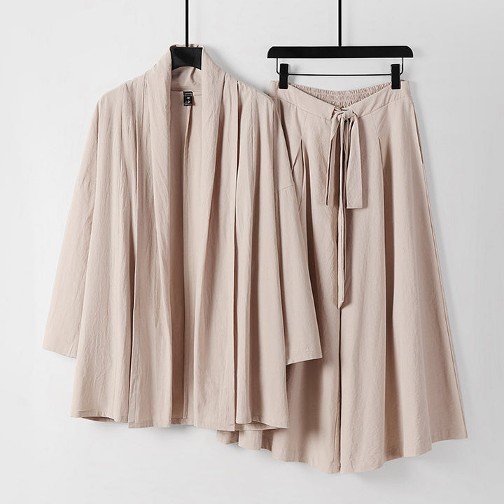Women Two-Piece Lounge Set in Kimono Style with Open Shawl Collar and Wide Palazzo Skirt Mune Fashion