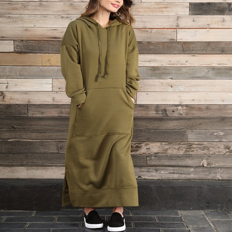 Women's long hooded sweat dress with kangaroo pocket, side slits and loose oversized fit Mune Fashion