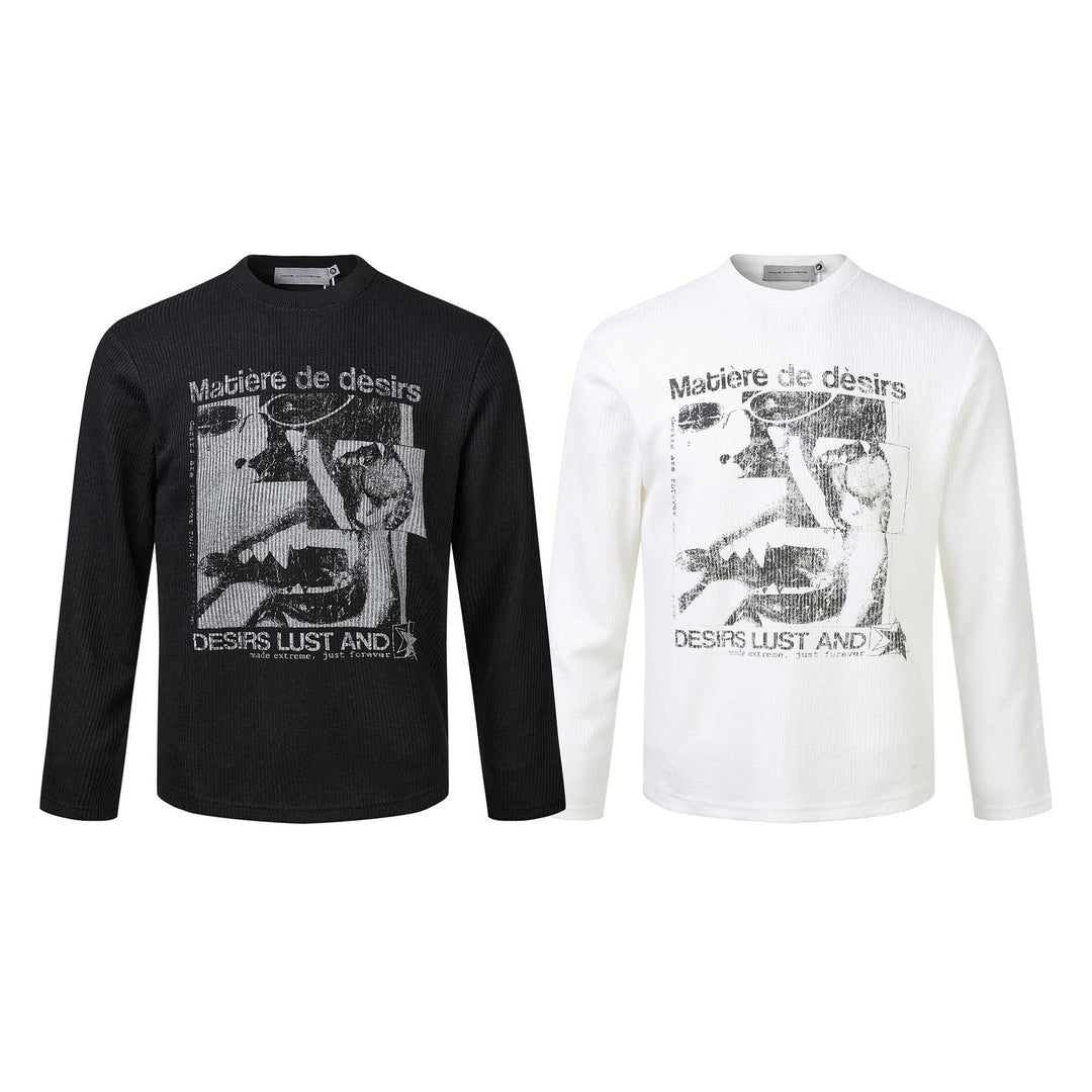 Unisex Ribbed Long Sleeve Shirt with Crew Neck and Distressed Graphic Print Mune Fashion