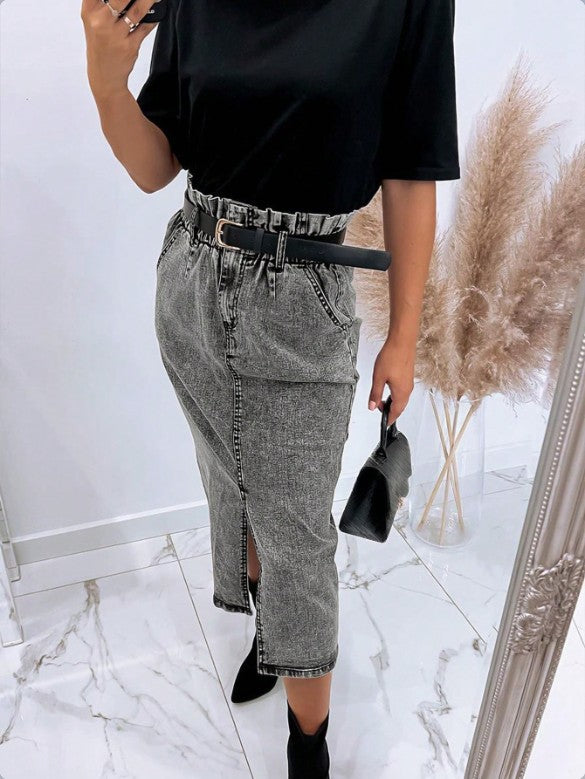 Women's High-Waisted Paperbag Denim Midi Skirt with Front Slit and Tied Belt Mune Fashion