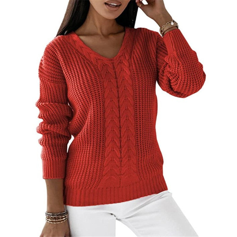 Women's chunky knit V-neck sweater with cable pattern and relaxed silhouette Mune Fashion