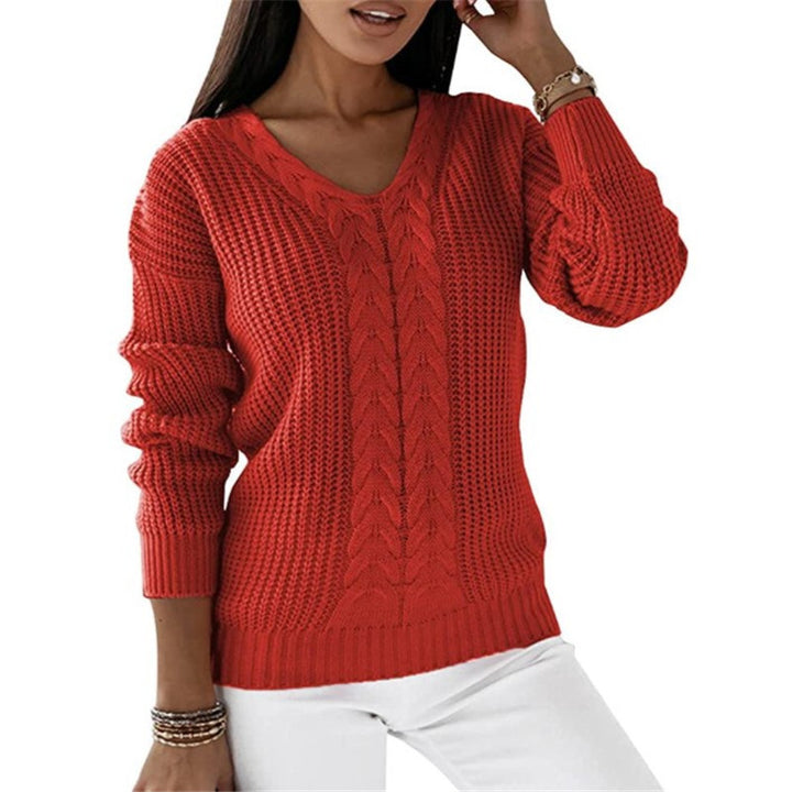 Women's chunky knit V-neck sweater with cable pattern and relaxed silhouette Mune Fashion