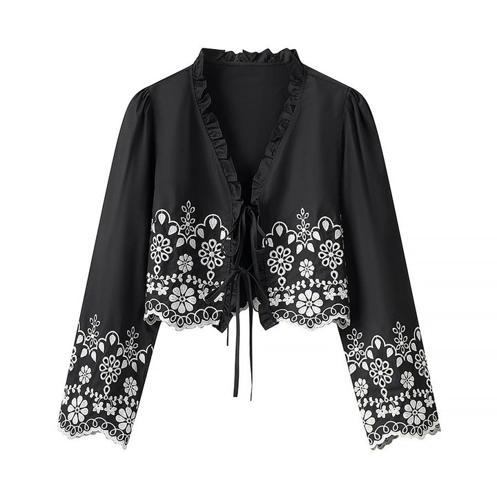 Ladies Embroidered Short Bolero with Ruffled V-Neck and Lacing Closure Mune Fashion