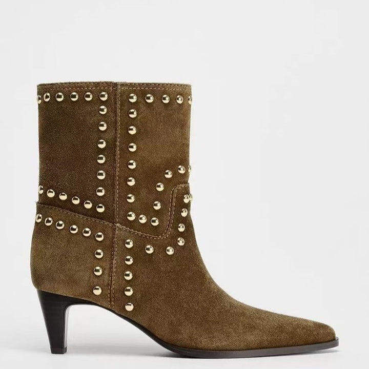 Women's lace velour-look ankle boots with studded accents and low stiletto heel Mune Fashion