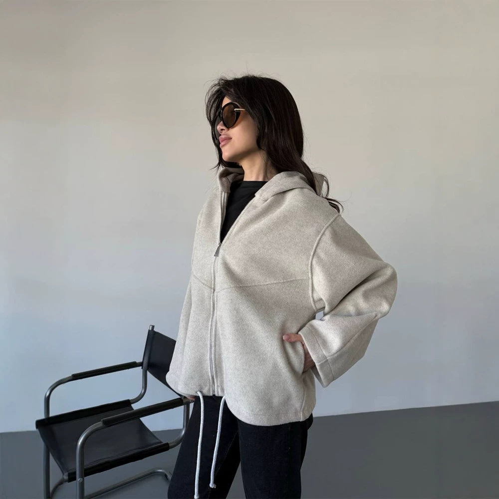 Women's Oversize Hoodie Jacket with Zipper and Drawstring Hem Mune Fashion