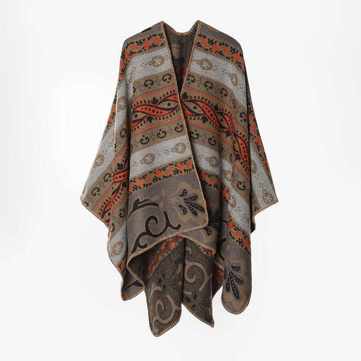 Women's Feel-Good Cape with Folkloric Jacquard Pattern, Open Front and Contrasted Overlock Stitch