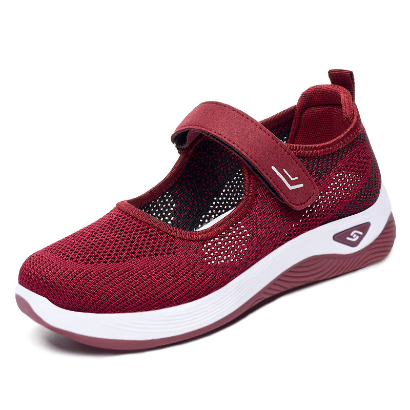 Ladies' breathable knitted Mary Jane with adjustable hook-and-loop strap, sock-like entry and cushioning EVA wave outsole Mune Fashion