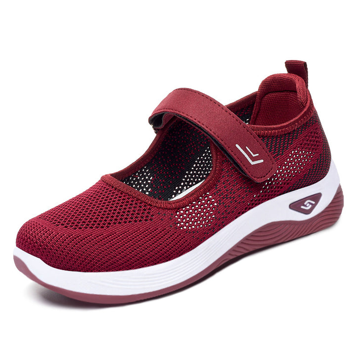 Ladies' breathable knitted Mary Jane with adjustable hook-and-loop strap, sock-like entry and cushioning EVA wave outsole Mune Fashion