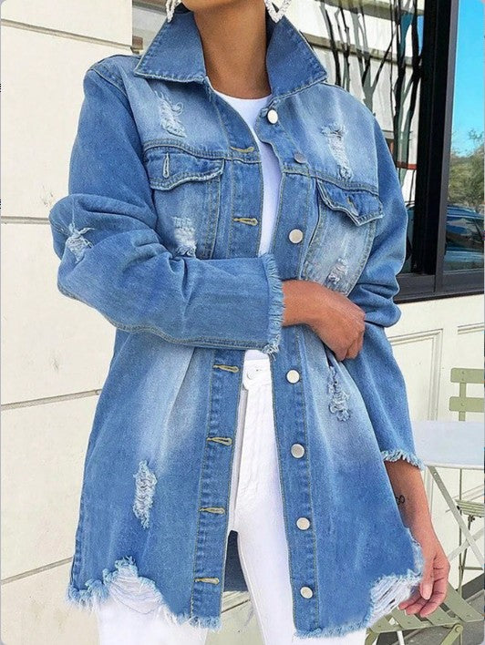 Women's Oversized Denim Jacket with Destroyed Details, Fringed Hem and Concealed Button Placket Mune Fashion