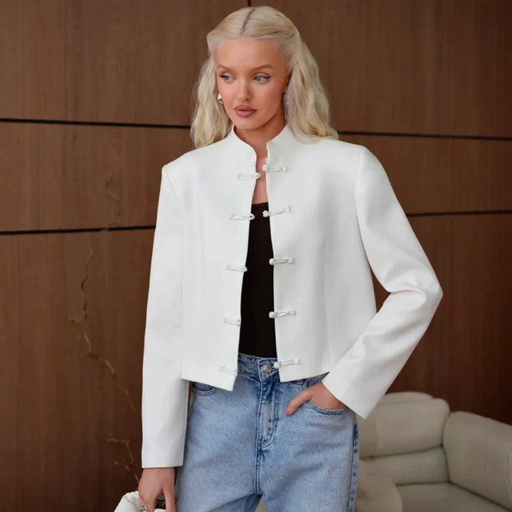 Women's Short Blazer with Mandarin Collar and Decorative Knot Closures Mune Fashion