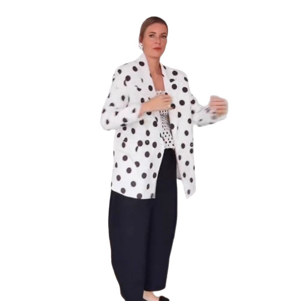 Women Polka Dot Long Blazer with Structured Shoulder and Oversized Cut Mune Fashion