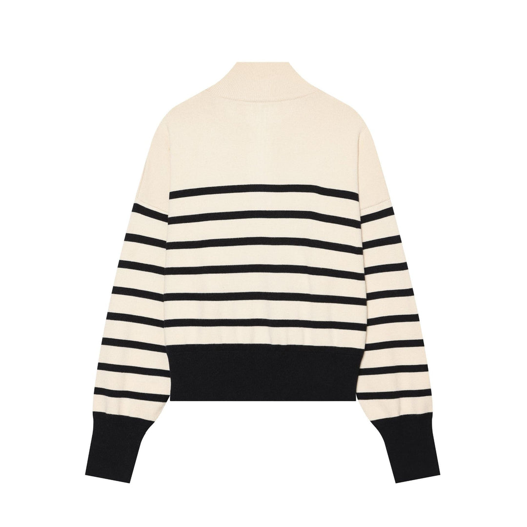 Women Striped Cropped Knit Sweater with Half Zip and Stand Collar Mune Fashion