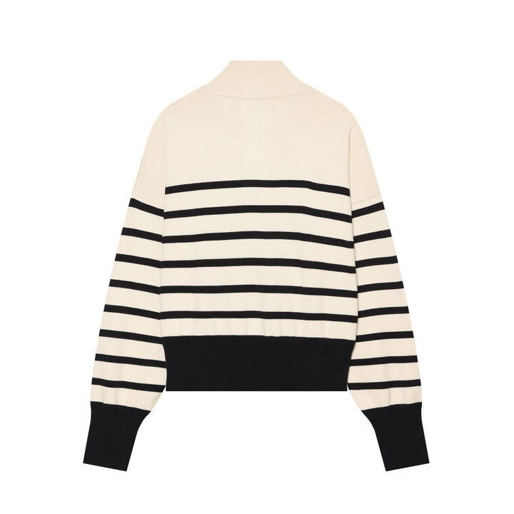 Women Striped Cropped Knit Sweater with Half Zip and Stand Collar Mune Fashion