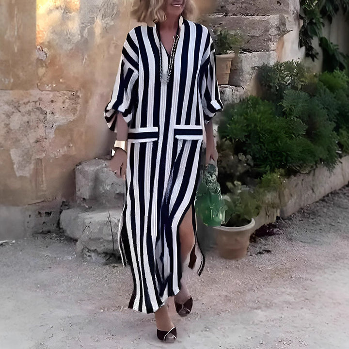 Women casual long shirt dress with vertical stripe pattern, V-neck, patch pockets, and high side slit Mune Fashion