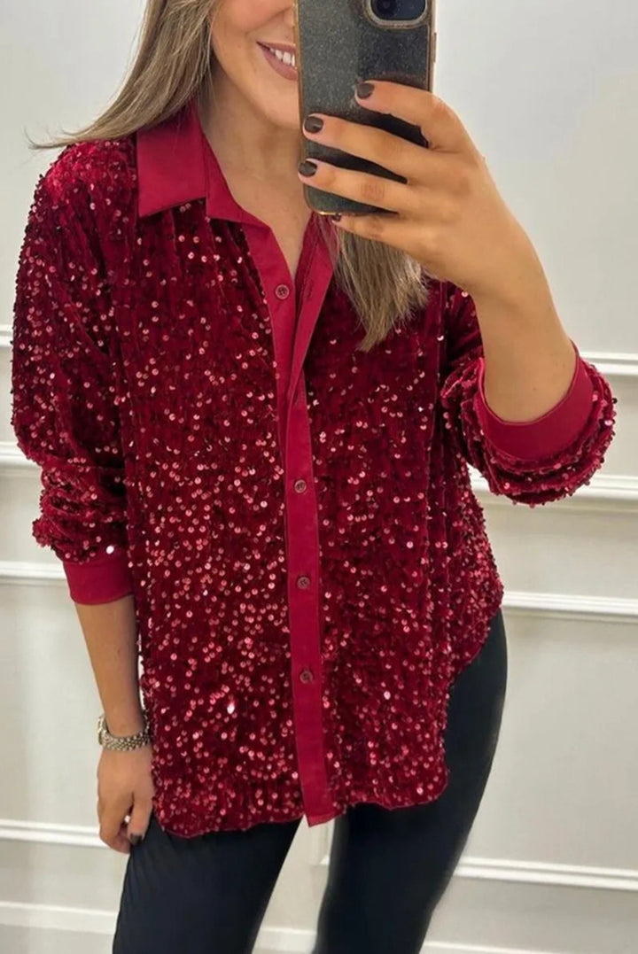 Women's shimmering sequin shirt blouse with collar, button placket, and elastic cuffs Mune Fashion