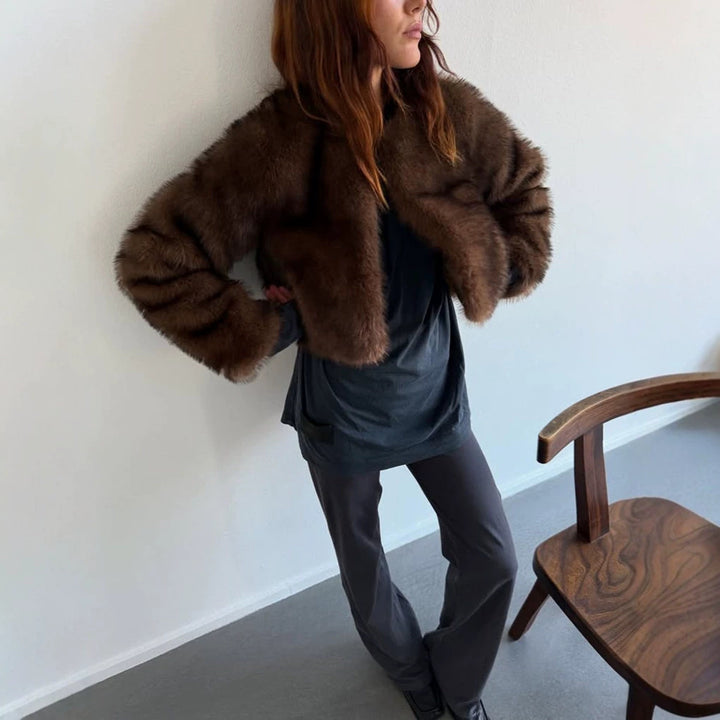 Women's Cropped Faux Fur Bolero with Boxy Silhouette and Trumpet Sleeves Mune Fashion